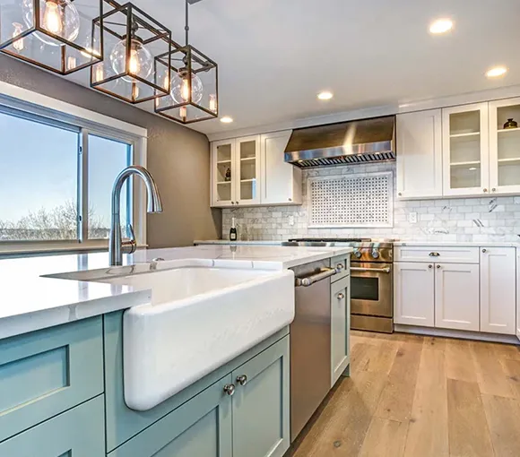 Kitchen and bathroom remodeling experts create a cohesive, modern look throughout the home with custom designs.